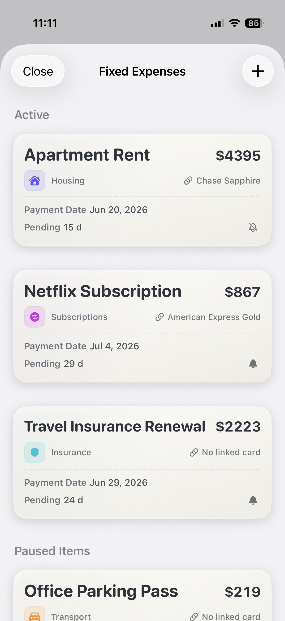 Fixed expenses screenshot